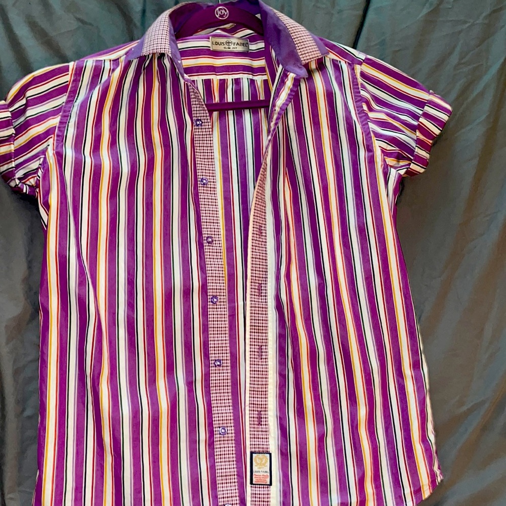 Dress/casual button up shirt sleeve shirt purple/wht w/rbgy stripes